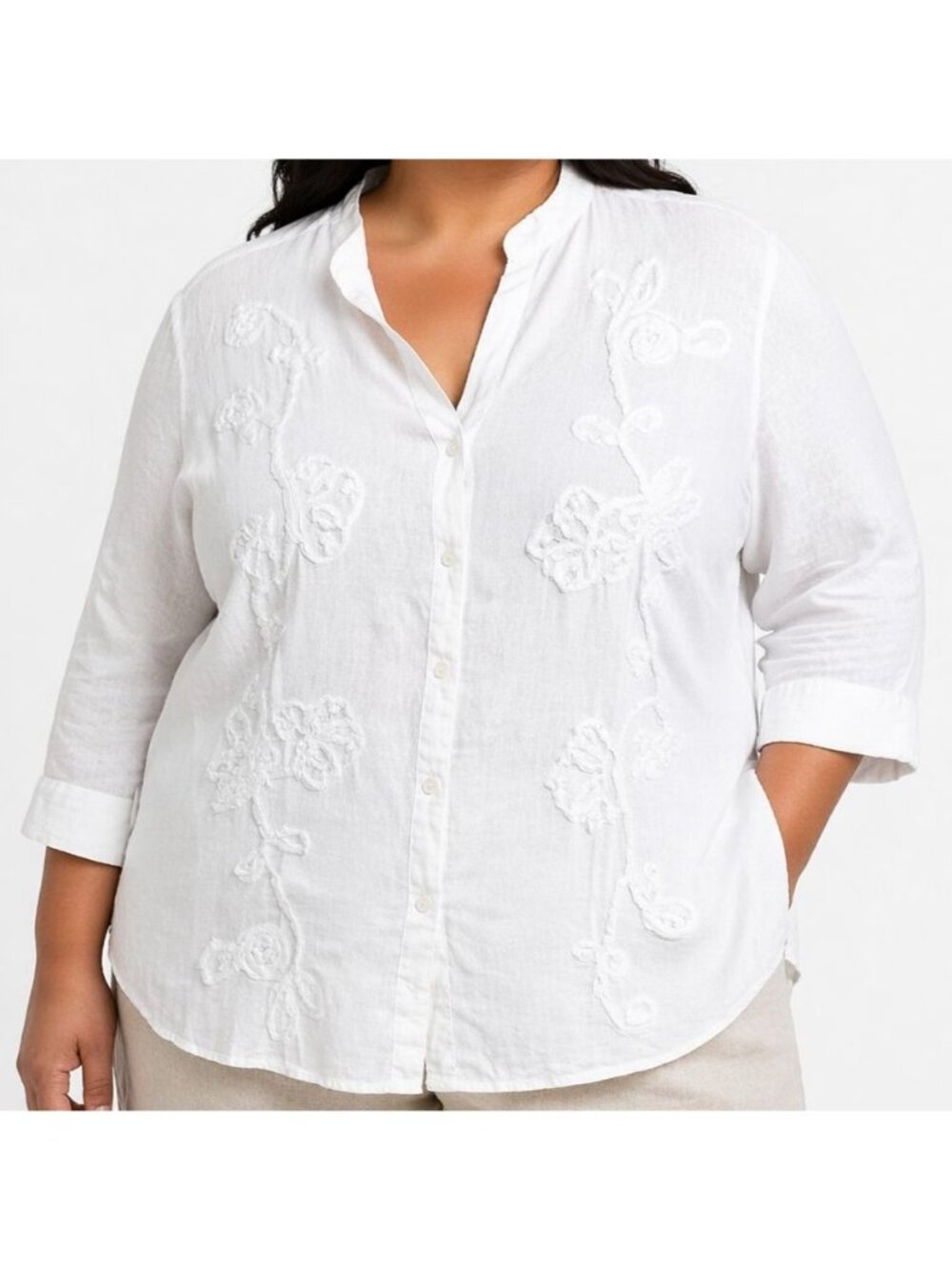 Charter Club Women's Linen Blouse 22W White Embroidered 3/4 Sleeve Button Shirt